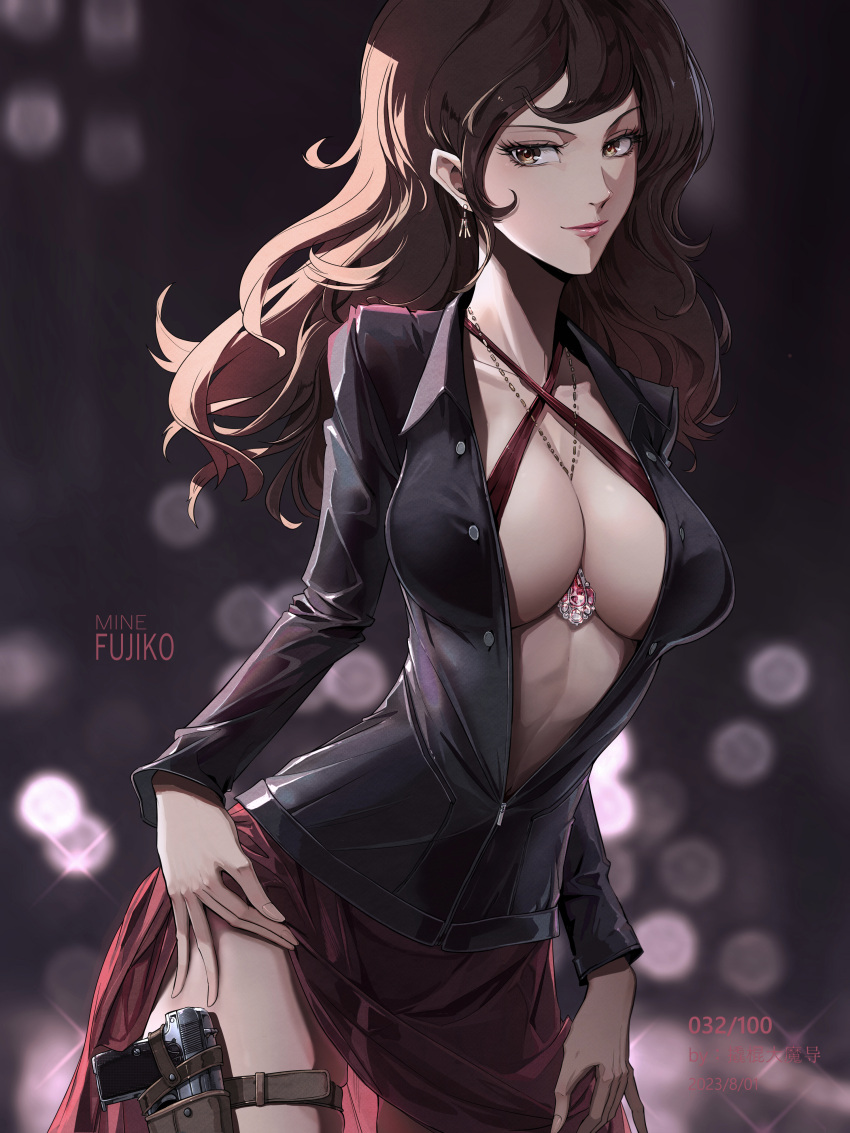 absurdres between_breasts biker_clothes bikesuit blurry blurry_background bodysuit breasts brown_eyes brown_hair center_opening character_name cleavage closed_mouth clothes_lift collared_shirt contrapposto female gun handgun highres holster jewelry large_breasts lifting_own_clothes long_hair long_sleeves looking_at_viewer lupin_iii mine_fujiko necklace nose partially_unzipped qiaogun_damodao shirt skirt skirt_lift smile solo thigh_holster unbuttoned weapon