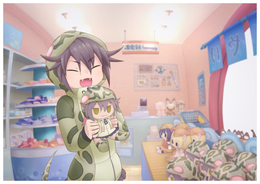 0x0082 animal_print bat-eared_fox_(kemono_friends) black_hair border closed_eyes commentary counter facing_viewer fangs female fisheye giant_armadillo_(kemono_friends) giant_pangolin_(kemono_friends) hair_between_eyes happy highres holding holding_stuffed_toy hood hood_up hooded_jacket indoors jacket kemono_friends long_sleeves okinawa_habu_(kemono_friends) open_mouth pig_(kemono_friends) print_jacket shopping_basket smile snake_print solo stuffed_toy tail upper_body