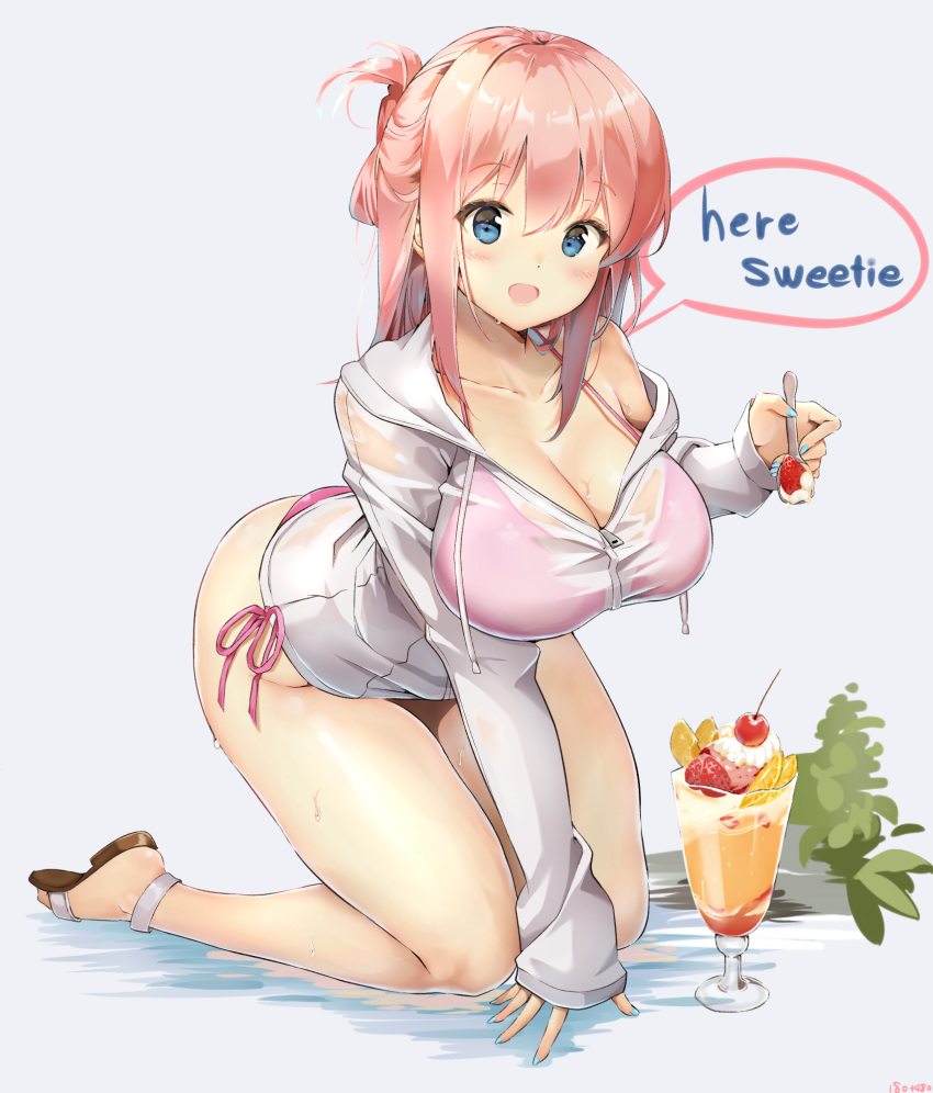 :d all_fours aymusk bare_shoulders bikini blue_eyes breasts cleavage collarbone commentary_request cup drawstring drinking_glass english_text female halterneck highres holding holding_spoon jacket large_breasts long_hair long_sleeves looking_at_viewer off_shoulder open_mouth original parfait pink_bikini pink_hair sandals see-through side-tie_bikini_bottom smile solo speech_bubble spoon swimsuit thighs water wet wet_clothes white_jacket