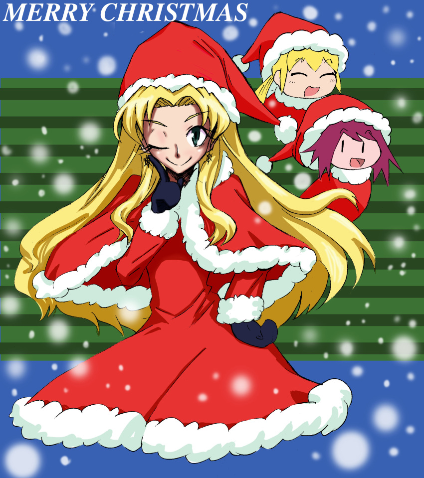 3giirls alternate_costume black_gloves blonde_hair capcom capelet christmas closed_eyes earrings eyebrows_visible_through_hair eyelashes fur_trim green_eyes hand_on_hips hibiki_misora kalinka_cossack long_eyelashes long_hair merry_christmas one_eye_closed open_mouth red_capelet rockman rockman_(classic) rockman_xover ryuusei_norockman saikoraru santa_costume santa_hat smile snow text wink