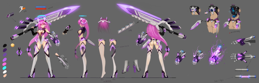 300_heroes absurdres bad_id bad_pixiv_id breasts center_opening character_profile cleavage commentary_request elbow_gloves female fingerless_gloves gloves halo headgear highres isha_(300_heroes) leotard long_hair medium_breasts multiple_views original photoshop_(medium) pink_eyes pink_hair sideboob sword thighhighs weapon zhuore_zhi_hen