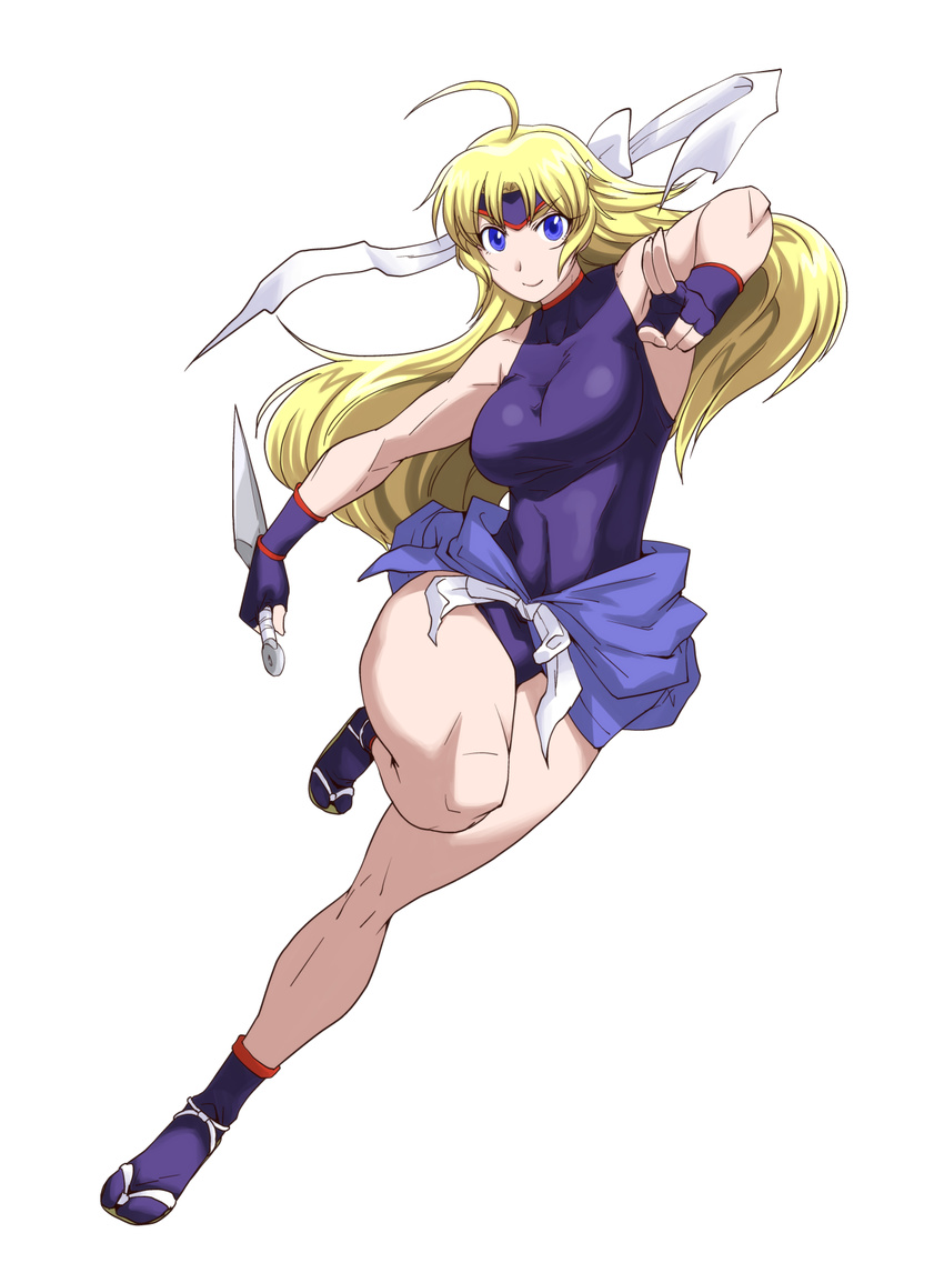 blonde_hair blue_eyes breasts female headband japanese_clothes kunai large_breasts leotard martial_champion racheal smile thighhighs weapon