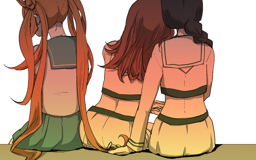 3girls abukuma_(kancolle) braid commentary_request from_behind gachi-les_ooi_bot kantai_collection kitakami_(kancolle) kitakami_kai_ni_(kancolle) kuma_(crimsonvanilla) left_out long_hair multiple_girls ooi_(kancolle) ooi_kai_ni_(kancolle) pleated_skirt school_uniform serafuku sitting skirt yuri