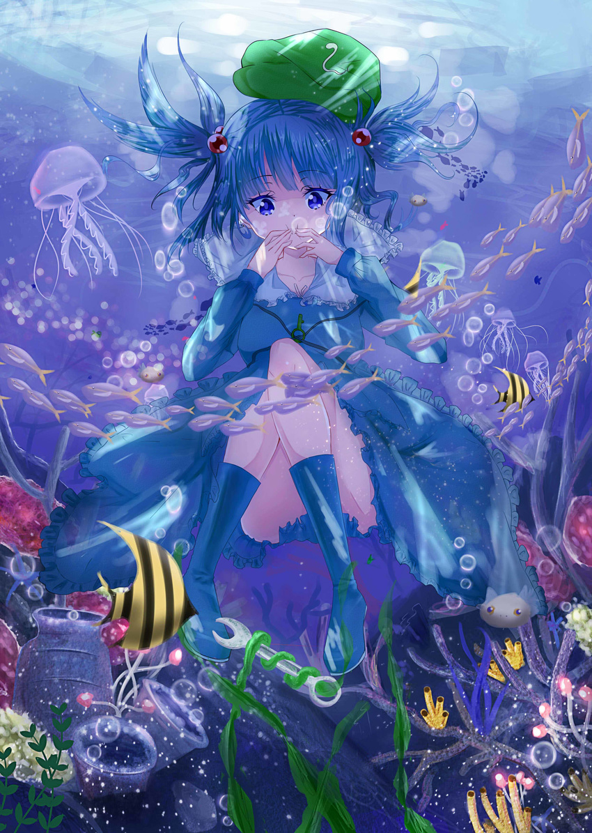 absurdres blue_eyes blue_footwear blue_hair boots bow commentary_request daikazoku63 female fish green_hat hairbow hat highres holding_breath jellyfish kawashiro_nitori key looking_away looking_down short_hair solo touhou twintails underwater wrench