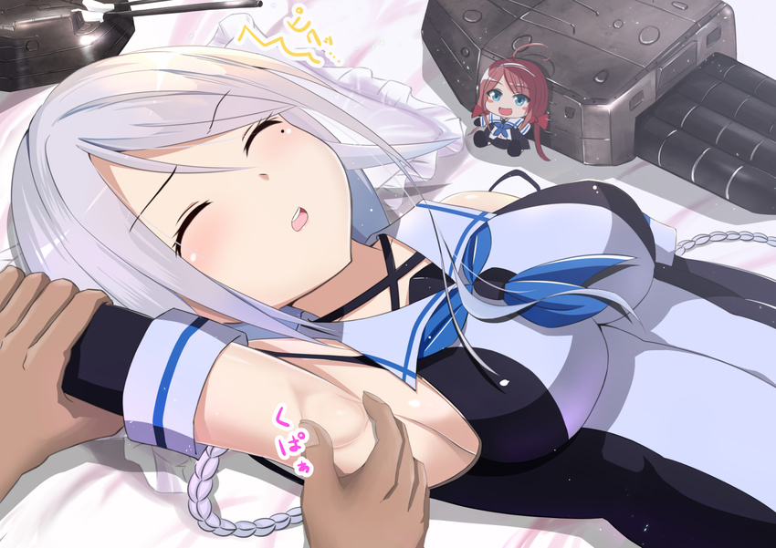 1boy armpit_poke armpits bare_shoulders black_gloves black_skirt blue_neckerchief braid breasts cannon character_doll closed_eyes commentary_request elbow_gloves female gloves grey_hair kantai_collection kawakaze_(kancolle) kuroame_(kurinohana) long_hair lying medium_breasts mole mole_under_eye neckerchief school_uniform serafuku shirt single_braid skirt sleeping spread_armpit torpedo turret umikaze_(kancolle) very_long_hair