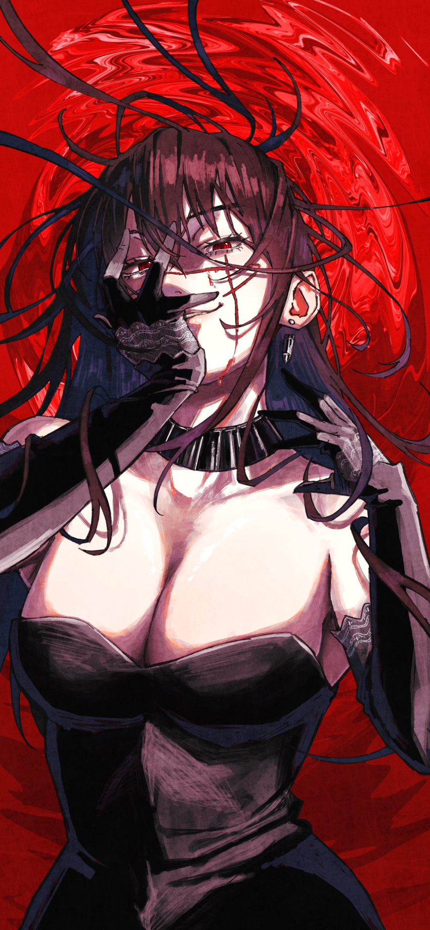 absurdres black_dress black_hair blood blood_on_face breasts chainsaw_man cleavage clenched_teeth dress erupusai2 female floating_hair grin hair_between_eyes hand_on_own_face highres large_breasts long_hair looking_at_viewer red_hair sidelocks simple_background sleeveless smile solo teeth upper_body yoru_(chainsaw_man)