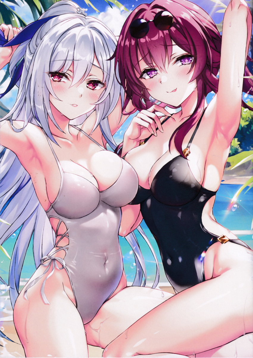 2girls :p absurdres alternate_costume armpits arms_up bare_arms bare_legs bare_shoulders black_one-piece_swimsuit blush breasts cleavage covered_navel day eyewear_on_head fukase_ayaka hair_ornament highres honkai:_star_rail honkai_(series) jingliu_(honkai:_star_rail) kafka_(honkai:_star_rail) large_breasts long_hair looking_at_viewer multiple_girls non-web_source one-piece_swimsuit outdoors parted_lips pince-nez presenting_armpit purple_eyes purple_hair red_eyes sideboob smile swimsuit thighs tongue tongue_out water white_one-piece_swimsuit