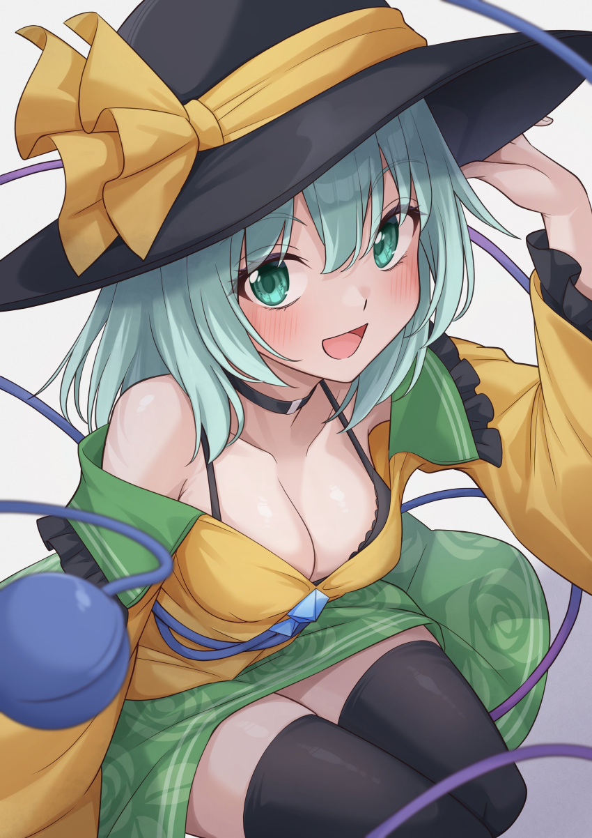 :d absurdres bare_shoulders black_choker black_hat black_thighhighs blurry blush breasts buttons choker cleavage commentary commission cowboy_shot depth_of_field diamond_button eyelashes female floral_print_skirt frilled_shirt_collar frilled_sleeves frills green_eyes green_hair green_skirt hair_ribbon hand_on_headwear hand_up happy hat highres komeiji_koishi large_breasts long_sleeves looking_at_viewer medium_hair open_clothes open_mouth open_shirt petals print_skirt ramie_(ramie541) ribbon rose_petals sanpaku shirt simple_background sitting skeb_commission skirt smile solo sun_hat thighhighs third_eye touhou tsurime white_background wide_sleeves yellow_ribbon yellow_shirt zettai_ryouiki