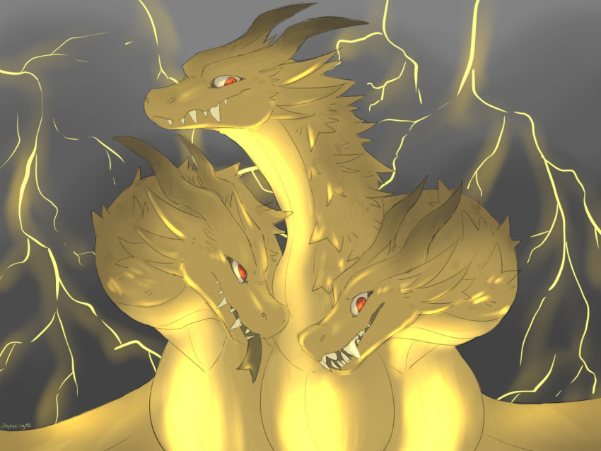 2019 3_heads 4:3 ambiguous_form ambiguous_gender digital_drawing_(artwork) digital_media_(artwork) dragon electricity european_mythology fangs forked_tongue godzilla_(series) greek_mythology grey_horn grey_tongue horn hydra jaspering king_ghidorah lightning lightning_bolt multi_head mythological_creature mythological_scalie mythology red_eyes scales scalie shaded sharp_teeth snout soft_shading solo teeth toho tongue tongue_out wings yellow_body yellow_scales