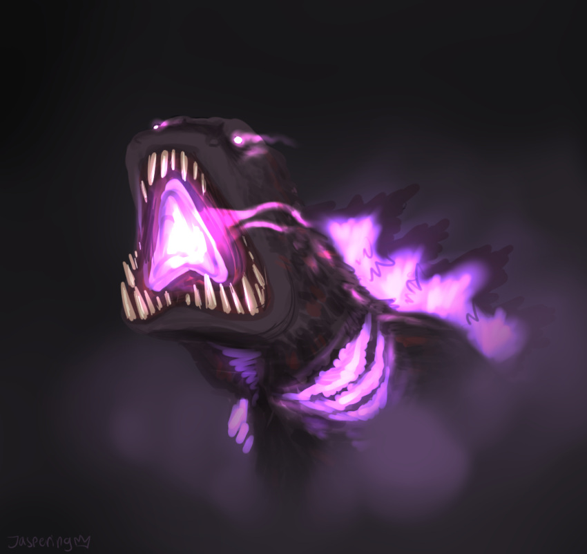 2019 ambiguous_gender black_background black_body black_scales black_spikes bust_portrait digital_media_(artwork) digital_painting_(artwork) fog glowing glowing_eyes glowing_mouth glowing_spikes godzilla_(series) jaspering open_mouth portrait purple_eyes purple_spikes scales shaded sharp_teeth shin_godzilla signature simple_background solo spikes teeth toho