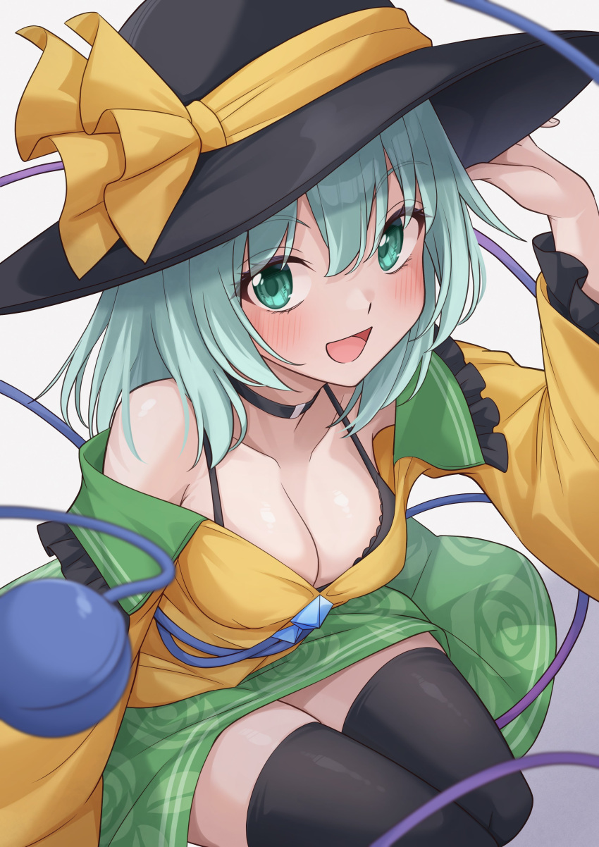 :d absurdres bad_id bad_twitter_id bare_shoulders black_choker black_hat black_thighhighs blurry blush breasts buttons choker cleavage commission cowboy_shot depth_of_field diamond_button eyelashes female floral_print_skirt frilled_shirt_collar frilled_sleeves frills green_eyes green_hair green_skirt hair_ribbon hand_on_headwear hand_up happy hat highres komeiji_koishi large_breasts long_sleeves looking_at_viewer medium_hair open_clothes open_mouth open_shirt petals print_skirt ramie_(ramie541) revision ribbon rose_petals sanpaku shirt simple_background sitting skeb_commission skirt smile solo sun_hat thighhighs third_eye touhou tsurime white_background wide_sleeves yellow_ribbon yellow_shirt zettai_ryouiki