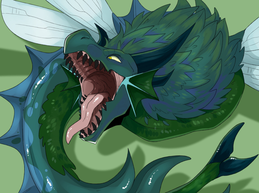 ambiguous_gender black_teeth blue_body blue_horn cheek_frill dragon feral green_background green_body green_frill horn imperatorcaesar insect_wings mouth_shot mythological_creature mythological_scalie mythology open_mouth pink_tongue scalie simple_background solo teeth tongue wings yellow_eyes