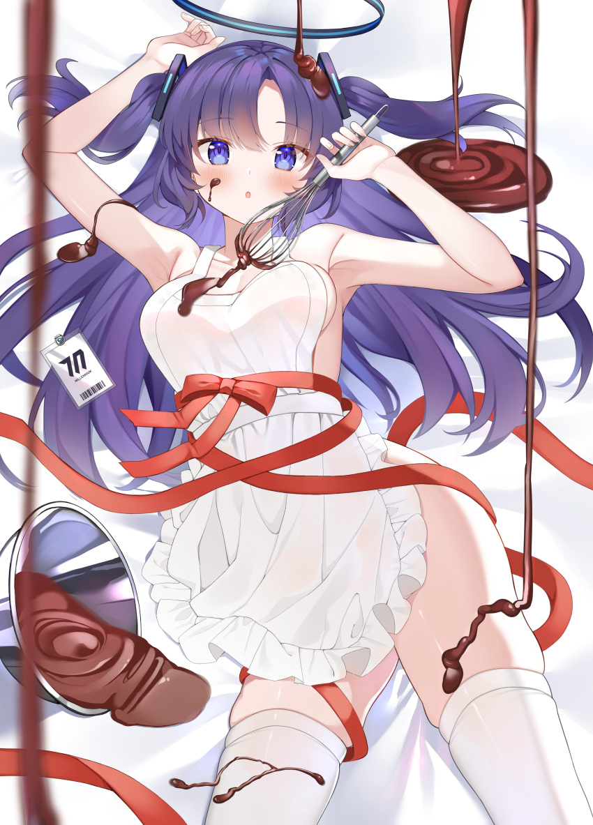 :o absurdres apron armpits bed_sheet black_halo blue_archive blue_eyes blush bowl chocolate commentary dot_nose female frilled_apron frills halo highres holding holding_whisk looking_at_viewer nude open_mouth purple_hair red_ribbon ribbon shokorate solo spill thighhighs thighs tongue twintails two_side_up valentine whisk white_apron white_thighhighs yuuka_(blue_archive)