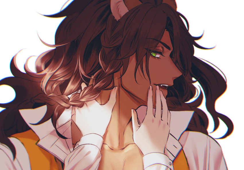 1boy animal_ears brown_hair fangs female green_eyes hand_on_another's_neck leona_kingscholar light_rays lion_boy lion_ears long_hair looking_at_viewer lying night_raven_college_uniform on_back pov redrabbit44 school_uniform simple_background slit_pupils solo_focus straight sunlight twisted_wonderland upper_body white_background yuu_(twisted_wonderland)