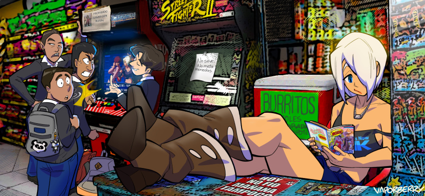 absurdres angel_(kof) arcade arcade_cabinet arcade_stick backpack bag bare_shoulders black_hair blue_eyes breasts brown_hair cameo cleavage company_name controller crop_top female fighting_game fingerless_gloves game_controller gloves highres indoors joystick large_breasts long_hair long_sleeves meme meta mexico navel omega_rugal open_mouth photo_background playing_games ponytail reading relaxing rivalry rugal_bernstein school_uniform shermie_(kof) shirt short_hair sitting smile snk spanish_text street_fighter street_fighter_ii_(series) surprised the_king_of_fighters the_king_of_fighters_2002 vaporberry video_game