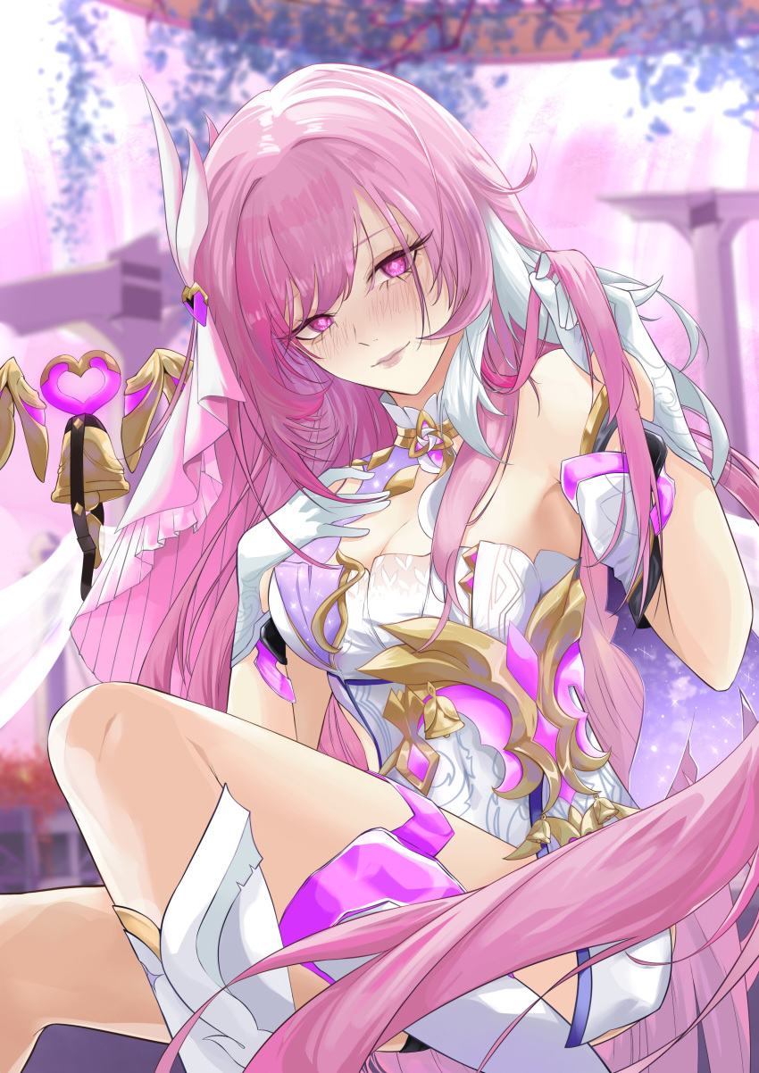 absurdres bare_shoulders bell boots breasts cleavage corset elysia_(herrscher_of_human:_ego)_(honkai_impact) elysia_(honkai_impact) female gloves gloxuba high_heel_boots high_heels highres honkai_(series) honkai_impact_3rd large_breasts long_hair looking_at_viewer multicolored_hair parted_lips pink_hair pink_sky purple_eyes sky solo thighs twirling_hair two-tone_hair very_long_hair white_corset white_footwear white_gloves white_hair white_veil