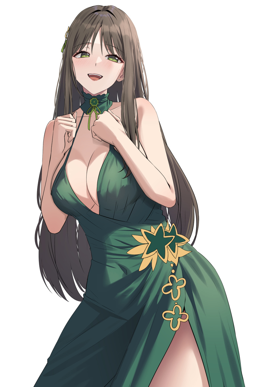 :d absurdres bare_arms bare_shoulders black_survival breasts brown_hair character_request choker cleavage cowboy_shot dress eternal_return:_black_survival female green_choker green_dress green_eyes hands_up highres large_breasts long_hair looking_at_viewer open_mouth ptal side_slit simple_background sleeveless sleeveless_dress smile solo standing very_long_hair white_background