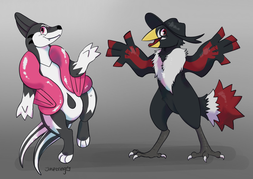 2019 2_tails ambiguous_gender anthro beak black_body black_feathers black_nose claws digital_drawing_(artwork) digital_media_(artwork) digitigrade duo fangs feather_hands feathers floatzel fluffy_chest fur generation_4_pokemon grey_background grey_body grey_claws grey_fur hi_res hindpaw honchkrow jaspering markings multi_tail nintendo paws pink_eyes pink_fins pokemon pokemon_(species) red_eyes red_markings red_tongue shaded signature simple_background smile snout tail tail_feathers teeth toe_claws tongue white_body white_fur yellow_beak