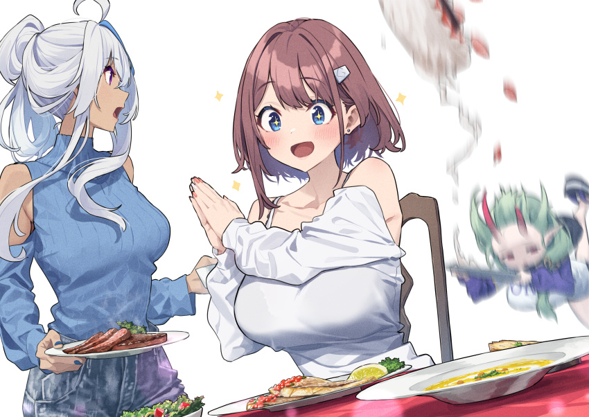 3girls absurdres akari_(baffu) baffu blue_eyes blue_nails blue_sweater breasts chair falling fingernails food fruit green_hair hair_ornament hairclip highres hitoyo_(baffu) holding holding_plate horns large_breasts lemon lemon_slice long_hair looking_at_another looking_at_food meat multiple_girls nail_polish on_chair original plate red_hair red_horns short_hair simple_background sitting sweater white_background white_hair yuuna_(baffu)