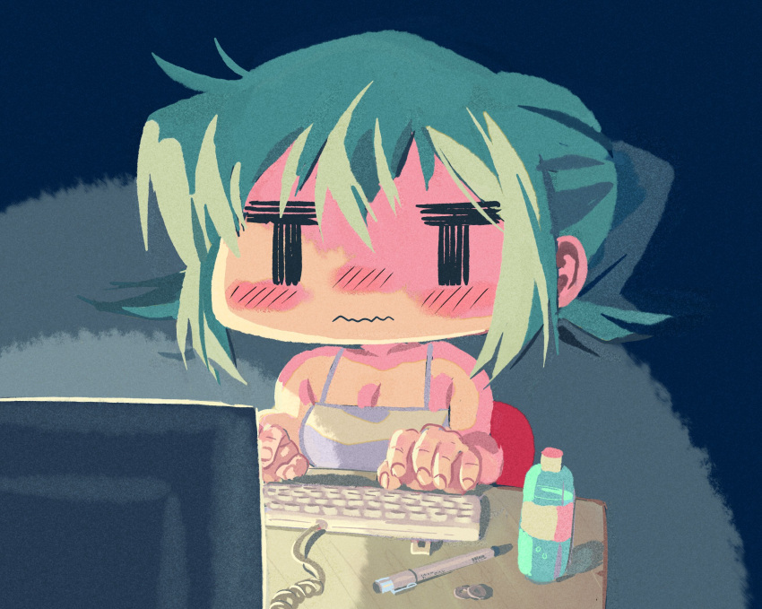 aqua_hair blush bottle breasts camisole chibi cleavage commentary computer_keyboard dark_room double-parted_bangs female hidamari_sketch highres marker monitor nori_(hidamari_sketch) robomb sidelocks sitting solo table wavy_mouth white_camisole wide_face |_|