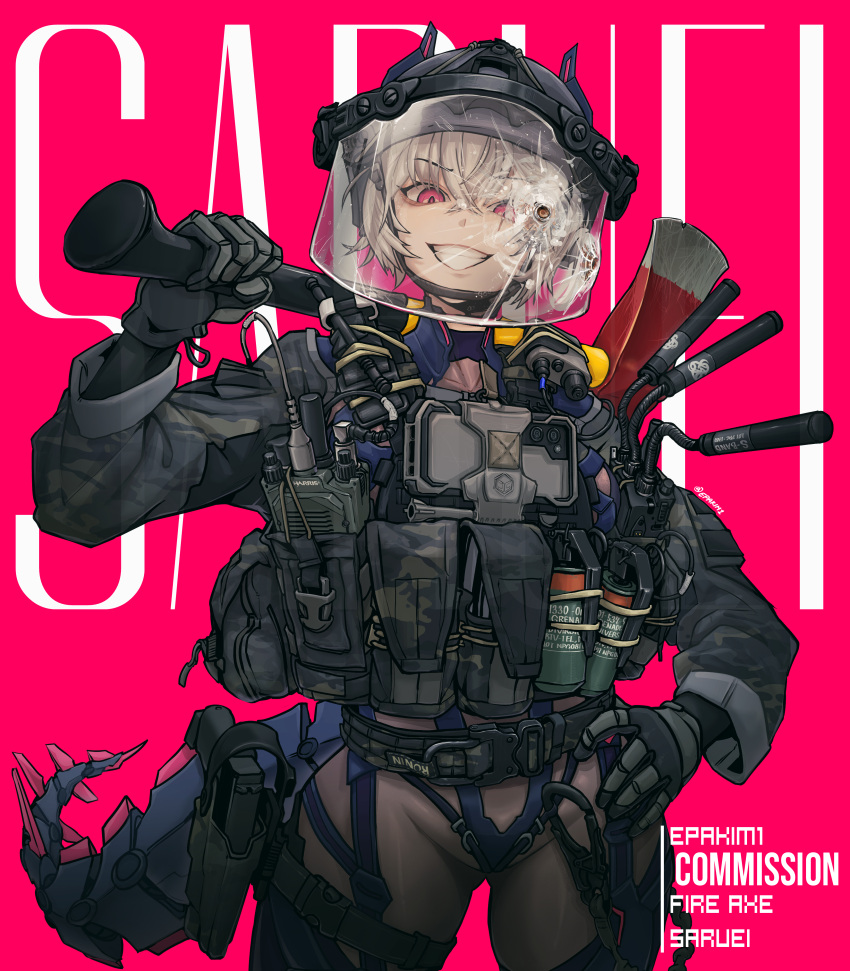 absurdres axe bodysuit bullet bulletproof_vest cellphone commission english_commentary english_text epakim fire_axe glock gloves gun hand_on_own_hip handgun helmet highres hood hoodie indie_virtual_youtuber looking_at_viewer phone pink_background pink_eyes saruei_(vtuber) short_hair smartphone smile tail teeth virtual_youtuber visor_(armor) walkie-talkie weapon white_hair