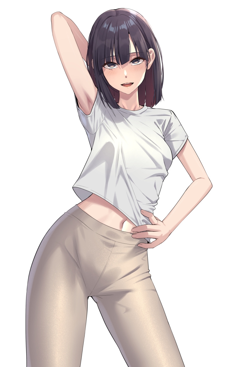 :d absurdres arm_up armpits black_hair black_survival character_request cowboy_shot eternal_return:_black_survival female grey_eyes grey_pants hand_on_own_hip highres leggings looking_at_viewer medium_hair midriff navel open_mouth pants ptal shirt short_sleeves simple_background smile solo standing thighs white_background white_shirt