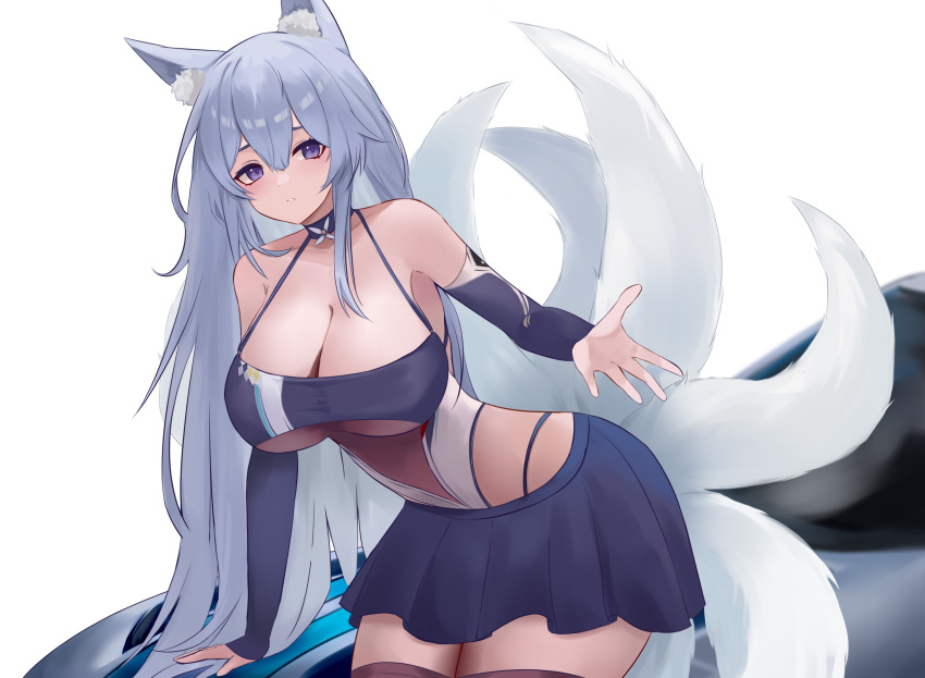 animal_ear_fluff animal_ears azur_lane bare_shoulders blue_eyes breasts cleavage cowboy_shot detached_sleeves female fox_ears fox_girl fox_tail grey_hair highres kitsune kyuubi large_breasts large_tail leaning_forward long_hair long_sleeves looking_at_viewer microskirt multiple_tails obniermarbiss official_alternate_costume panty_straps race_queen shinano_(azur_lane) shinano_(moonlit_chrome)_(azur_lane) simple_background skirt solo tail thighhighs very_long_hair white_background white_tail zettai_ryouiki