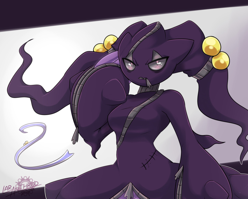 2020 anthro artist_name digital_media_(artwork) english_text female generation_6_pokemon genevieve hi_res latiar looking_at_viewer mega_banette mega_evolution nintendo number pokemon pokemon_(species) pokemorph simple_background solo text zipper zipper_mouth