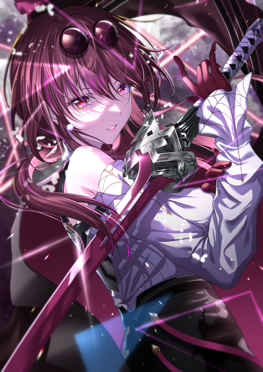 bare_shoulders black_shorts breasts commentary_request eyewear_on_head female from_side gloves hair_between_eyes high-waist_shorts highres holding holding_sword holding_weapon honkai:_star_rail honkai_(series) kafka_(honkai:_star_rail) katana large_breasts long_hair looking_at_viewer no_jacket parted_lips pince-nez purple_eyes purple_gloves purple_hair rairaisuruyo round_eyewear shirt shorts sidelocks solo sunglasses sword twitter_username weapon white_shirt