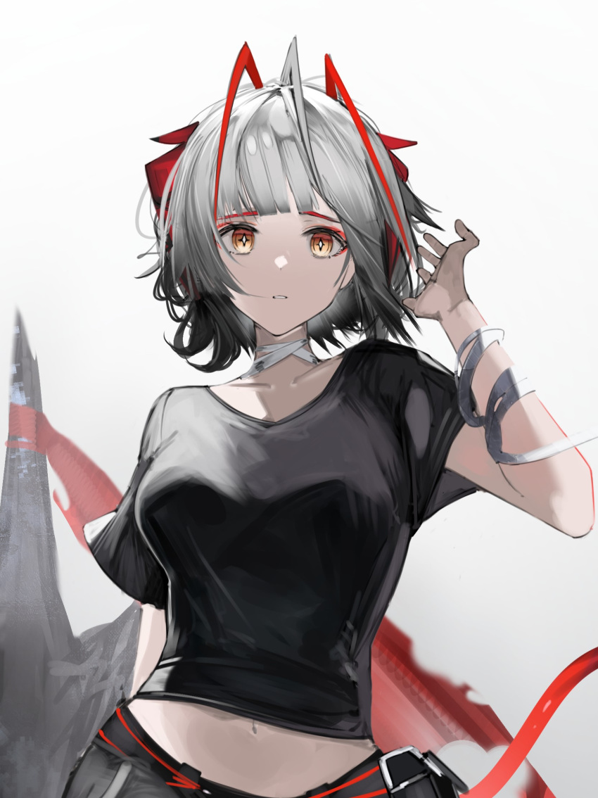 arknights black_shirt collarbone crop_top eugle_na female grey_hair hand_up highres looking_at_viewer midriff navel official_alternate_costume orange_eyes parted_lips shirt short_hair short_sleeves solo upper_body w_(arknights) w_(fugue)_(arknights)