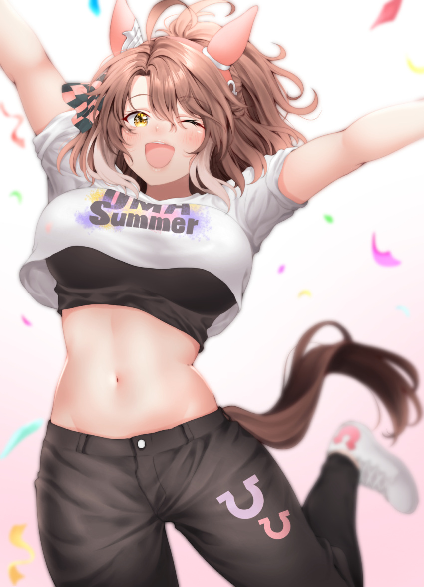 ;d ahoge animal_ears arms_up black_pants black_sports_bra blush breasts brown_hair checkered_ribbon clothes_writing colored_tips commentary_request confetti cowboy_shot cropped_shirt dantsu_flame_(umamusume) ear_covers ear_ornament ear_ribbon female hair_between_eyes hairband highres horse_ears horse_girl horse_tail horseshoe_print jumping large_breasts looking_at_viewer medium_hair midriff multicolored_hair navel one_eye_closed open_mouth pants pink_hairband red_hayao shirt shoes short_sleeves sidelocks smile sneakers solo sports_bra t-shirt tail uma_summer_(umamusume) umamusume white_footwear white_hair white_shirt yellow_eyes