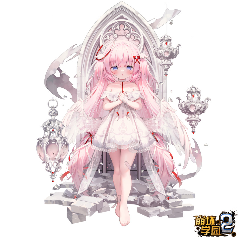 angel_wings bandaged_wrist bandages bandaid bandaid_on_cheek bandaid_on_face bandaid_on_leg barefoot benghuai_xueyuan blue_eyes blunt_bangs bow chen_bin door dress feathered_wings feet female frilled_dress frills full_body hairbow halo hands_on_own_chest highres honkai_(series) lantern lolicon long_hair looking_at_viewer multicolored_halo open_mouth own_hands_together pink_hair red_bow rie_cute_(benghuai_xueyuan) sidelocks solo two-tone_halo very_long_hair white_background white_dress white_wings wing_hair_ornament wings