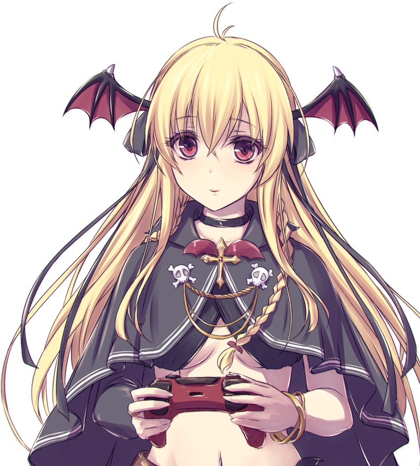 aiguillette antenna_hair black_choker blonde_hair bracelet braid breasts choker closed_mouth commentary_request controller cross crossed_bangs demon_girl demon_wings female game_controller gold_bracelet hair_between_eyes head_wings highres holding holding_controller holding_game_controller indie_virtual_youtuber jewelry kusunoki_sarara latin_cross light_smile long_hair looking_at_viewer medium_breasts midriff navel red_eyes simple_background solo tenmaso twin_braids underboob upper_body virtual_youtuber white_background wings