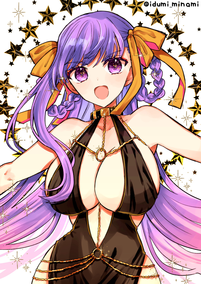 bare_shoulders bb_(fate) bb_dubai_(fate) belly_chain black_dress blush braid braided_hair_rings breasts center_opening cleavage dress fate/grand_order fate_(series) female hair_ribbon highres izumi_minami jewelry large_breasts long_hair looking_at_viewer necklace open_mouth purple_eyes purple_hair ribbon side_slit smile solo twin_braids very_long_hair yellow_ribbon