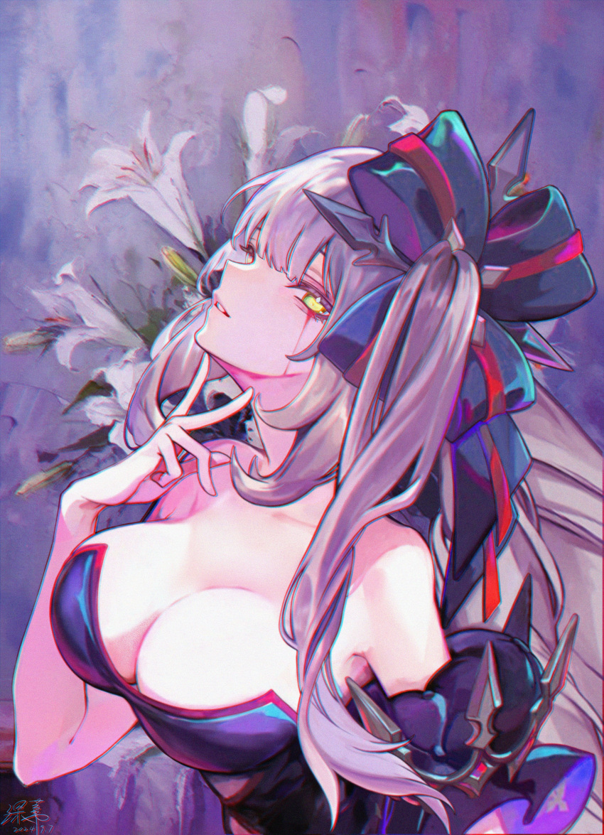 absurdres black_dress blood blood_from_eyes breasts cleavage dress fate/grand_order fate_(series) female flower hair_ornament hair_ribbon hand_on_own_chin highres long_hair looking_at_viewer marie_antoinette_(alter)_(fate) marie_antoinette_(fate) ribbon shendi_2021 white_hair yellow_eyes