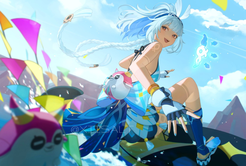 bare_shoulders blue_hair blue_hairband blue_nails blue_sky braid bunting commentary crop_top english_commentary female fingerless_gloves gameplay_mechanics genshin_impact gloves hairband highres long_hair looking_at_viewer mualani_(genshin_impact) nail_polish open_mouth outdoors red_eyes sandals sky smile solo surfboard surfing symbol-shaped_pupils toenail_polish toenails twin_braids twitter_username water watermark xiisalt