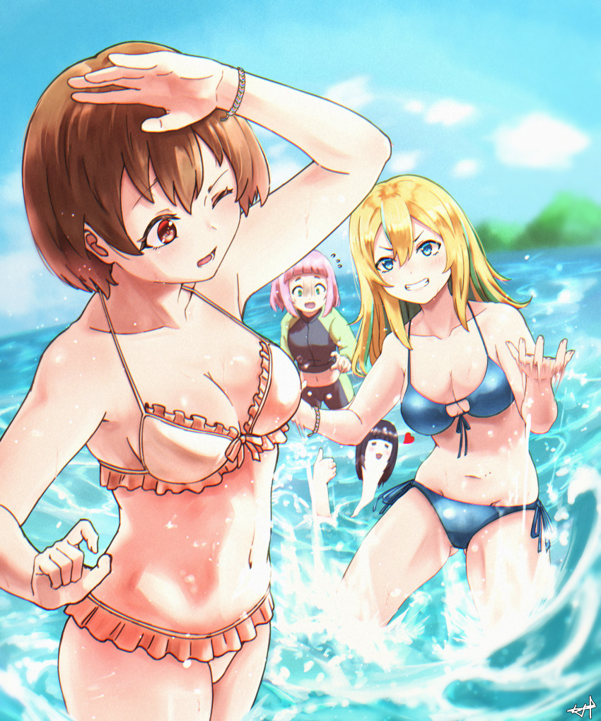 4girls absurdres arched_bangs arm_up bikini blonde_hair blue_bikini blue_eyes blurry blurry_background blush bracelet breasts brown_bikini brown_hair cleavage clenched_teeth collarbone commentary_request frilled_bikini frills giving_up_the_ghost green_eyes green_hair hair_between_eyes highres jewelry kouzuki_mahiru long_hair medium_breasts midriff multicolored_hair multiple_girls mutsuki_(mutsuki0110) navel ocean oerba_yun_fang one_eye_closed open_mouth pink_hair short_hair side-tie_bikini_bottom signature skin_fang splashing stomach streaked_hair swimsuit takanashi_kim_anouk_mei teeth thumbs_up wading watase_kiui yamanouchi_kano yoru_no_kurage_wa_oyogenai