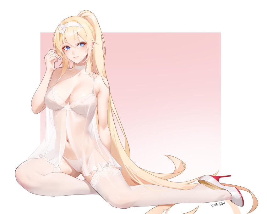 absurdres artist_name babydoll blonde_hair blue_eyes breasts chinese_commentary commentary_request duke_of_york_(warship_girls_r) female hairband high_heels highres lingerie long_hair looking_at_viewer medium_breasts navel panties see-through shorts sitting smile solo spaghetti_strap thighhighs underwear very_long_hair warship_girls_r white_babydoll white_hairband white_panties white_shorts white_thighhighs xnnagu yokozuwari