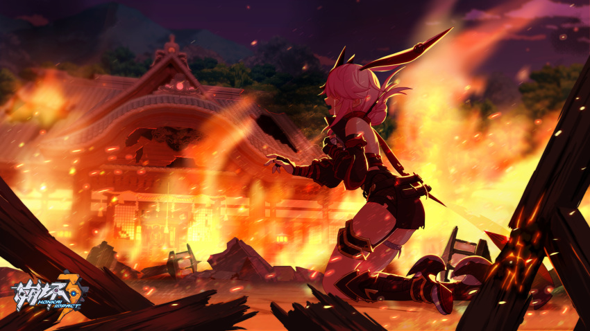 animal_ears armor bare_shoulders burning crying earrings female fox_ears fox_mask full_body gauntlets greaves hair_bun highres honkai_(series) honkai_impact_3rd japanese_armor jewelry kneeling mask night night_sky ninja official_art open_mouth outdoors pink_hair single_hair_bun sky solo temple tree yae_kasumi yae_sakura