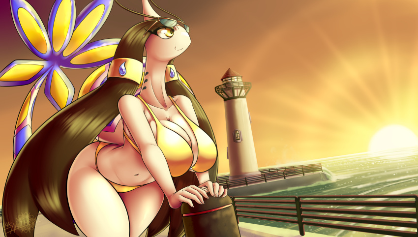 2020 5_fingers anthro artist_name belly big_breasts bikini breasts closed_smile clothing day detailed_background digital_media_(artwork) english_text eyewear female fingers floor generation_3_pokemon hair hi_res latiar leaning leaning_forward lighthouse long_hair mila_(latiar) milotic mouth_closed nails navel nintendo number outside pokemon pokemon_(species) pokemorph pupils scenery sea sky smile solo sun sunglasses sunset swimwear tail text thick_thighs two-piece_swimsuit water white_sclera yellow_eyes