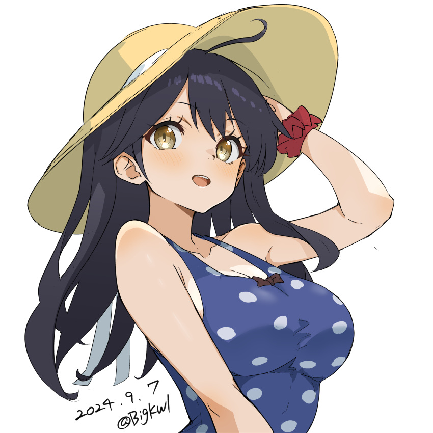 absurdres ahoge bigkwl black_hair blue_one-piece_swimsuit blush breasts brown_eyes casual_one-piece_swimsuit dated female hat highres kantai_collection large_breasts long_hair looking_at_viewer one-hour_drawing_challenge one-piece_swimsuit open_mouth polka_dot polka_dot_one-piece_swimsuit polka_dot_swimsuit scrunchie simple_background smile solo straw_hat sun_hat swimsuit twitter_username upper_body ushio_(kancolle) ushio_(swimsuit_mode)_(kancolle) ushio_kai_ni_(kancolle) wrist_scrunchie