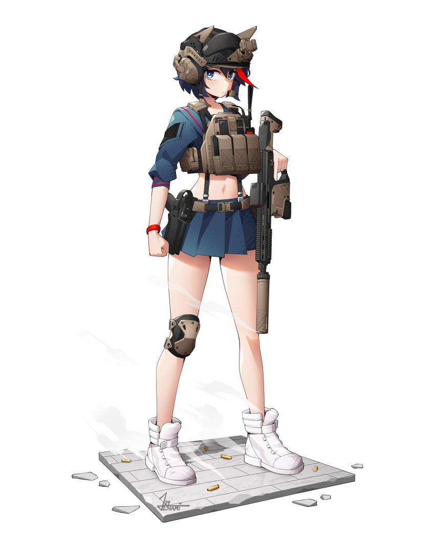 :/ absurdres ammunition_pouch arm_at_side assault_rifle belt black_hair blue_eyes blue_sailor_collar blue_serafuku blue_shirt blue_skirt bracelet bright_pupils clenched_hand closed_mouth combat_helmet commentary english_commentary faux_figurine female gun hair_between_eyes handgun helmet high_tops highres holding holding_gun holding_weapon holster holstered jestami jewelry kill_la_kill knee_pads load_bearing_vest looking_at_viewer magazine_(weapon) matoi_ryuuko midriff miniskirt multicolored_hair navel pleated_skirt pouch red_hair rifle sailor_collar school_uniform serafuku shell_casing shirt shoes short_hair signature simple_background single_knee_pad skirt sneakers solo standing streaked_hair suppressor suspender_skirt suspenders trigger_discipline walkie-talkie weapon weapon_request white_background white_footwear white_pupils