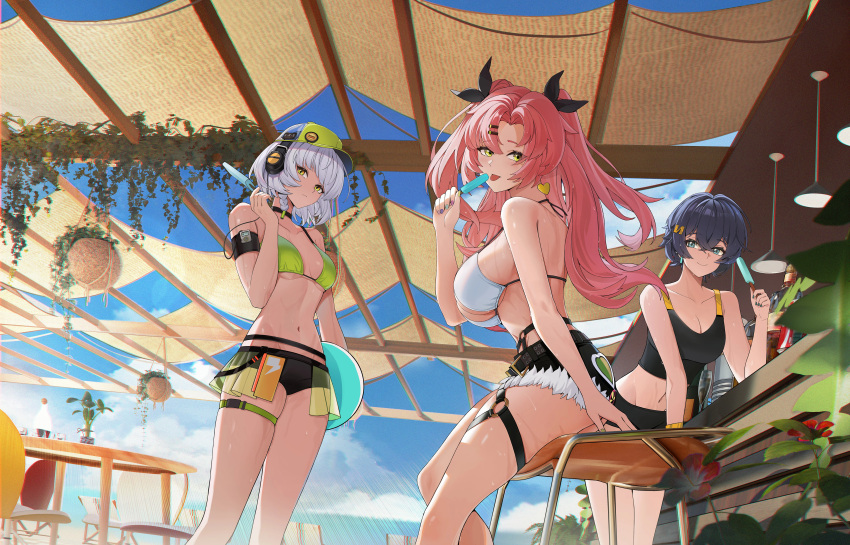 3girls :p absurdres anby_demara belle_(zenless_zone_zero) bikini black_bikini black_shorts blue_eyes blue_hair blue_sky breasts closed_mouth cloud commentary_request commission day denim denim_shorts food green_bikini green_eyes highres holding holding_food holding_popsicle lan_liyu_renzi large_breasts long_hair looking_at_viewer medium_breasts mole mole_on_breast multiple_girls navel nicole_demara outdoors pink_hair popsicle second-party_source short_hair shorts sky standing summer swimsuit tongue tongue_out white_bikini white_hair zenless_zone_zero