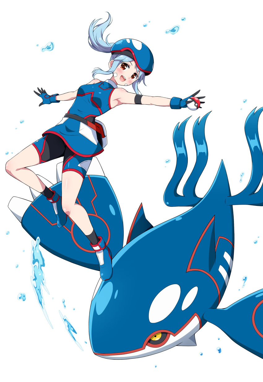 :d absurdres armlet black_socks blue_footwear blue_gloves blue_hat breasts commentary_request eggman_(pixiv28975023) fanny_pack female floating_hair gloves happy hat highres holding holding_poke_ball jewelry knees kyogre marina_(pokemon_battle_revolution) open_mouth outstretched_arms poke_ball poke_ball_(basic) pokemon pokemon_(creature) pokemon_battle_revolution ponytail shoes shorts sidelocks sleeveless smile socks teeth upper_teeth_only water_drop white_background