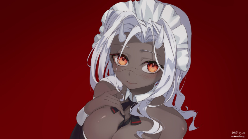 alternate_costume artist_name bare_shoulders between_breasts black_ribbon blush breasts calamitas calamity_(terraria_mod) cleavage closed_mouth colored_skin cracked_skin dark-skinned_female dark_skin dated demon_horns detached_collar detached_sleeves english_commentary female grey_skin hand_on_own_chest hand_up highres horns large_breasts long_hair looking_at_viewer maid maid_headdress momodzmz neck_ribbon red_background red_eyes ribbon solo terraria upper_body wavy_hair white_hair white_horns