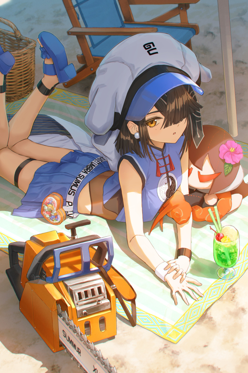 bare_shoulders black_hair black_one-piece_swimsuit blue_shirt blue_skirt breasts brown_eyes chainsaw crop_top cup drinking_glass fate/grand_order fate_(series) female hair_over_one_eye hat highres kamo_ashi looking_at_viewer lying miniskirt mole mole_under_eye on_stomach one-piece_swimsuit open_mouth sandals shirt short_hair skirt sleeveless sleeveless_shirt small_breasts solo stuffed_toy swimsuit swimsuit_under_clothes thigh_strap white_hat wristband xu_fu_(fate) xu_fu_(swimsuit_avenger)_(fate) xu_fu_(swimsuit_avenger)_(first_ascension)_(fate) yin_yang yin_yang_print yu_mei-ren_(fate)