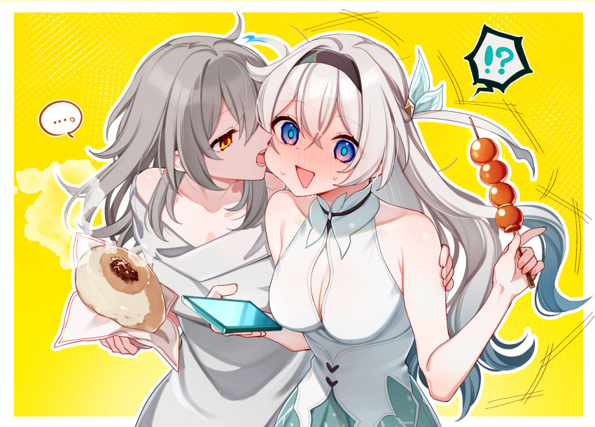 !? ... 2girls ? baozi bare_shoulders biting black_hairband blue_eyes blush breasts cheek_biting cleavage cleavage_cutout clothing_cutout collarbone commentary_request firefly_(honkai:_star_rail) food grey_hair hairband hand_on_another's_shoulder head_steam highres holding holding_food holding_phone honkai:_star_rail honkai_(series) long_hair multiple_girls nervous_sweating off-shoulder_shirt off_shoulder open_mouth phone pink_eyes purple_eyes shirt simple_background sleeveless sleeveless_shirt spoken_ellipsis spoken_interrobang stelle_(honkai:_star_rail) sweat trailblazer_(honkai:_star_rail) two-tone_dress upper_body white_shirt yellow_background yellow_eyes yodare_(3yami8) yuri