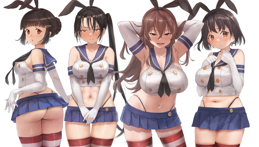 4girls arms_behind_head ashigara_(kancolle) ass black_hair black_hairband black_neckerchief black_panties blue_sailor_collar blue_skirt blush breasts brown_eyes brown_hair cosplay crop_top elbow_gloves embarrassed gloves haguro_(kancolle) hair_bun hair_ornament hairband hairclip highleg highleg_panties horizontal-striped_thighhighs kantai_collection long_hair looking_at_viewer looking_back microskirt multiple_girls myoukou_(kancolle) nachi_(kancolle) navel neckerchief panties ponytail sailor_collar shimakaze_(kancolle) shimakaze_(kancolle)_(cosplay) short_hair side_ponytail single_hair_bun skirt striped_clothes striped_thighhighs thighhighs toka_(marchlizard) underwear white_gloves