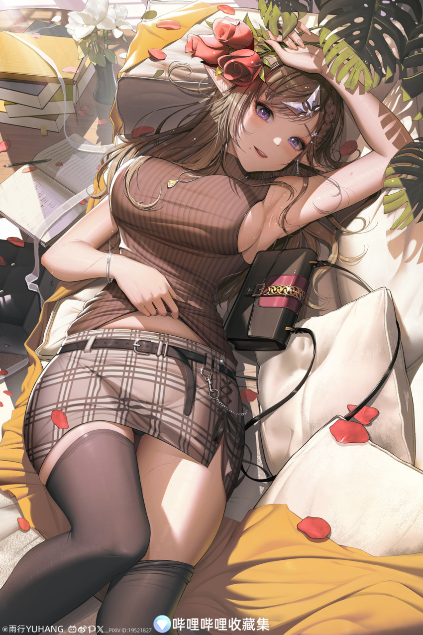 armpits artist_name bag belt_buckle bilibili_logo black_thighhighs blush book bracelet braid breasts brown_hair buckle clothes_lift commentary female flower glint hair_ornament hairclip highres holding holding_flower jewelry long_hair looking_at_viewer lying mole mole_under_mouth on_back original parted_lips pencil petals pixiv_logo plaid_clothes plaid_skirt pointy_ears purple_eyes red_flower red_petals red_rose rose rose_petals shirt_lift sideboob skirt solo sweat teeth thighhighs thighhighs_pull twitter_x_logo upper_teeth_only weibo_logo yuxing_yuhang