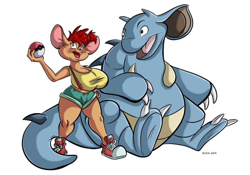 2019 anthro big_breasts blush bottomwear breasts buckteeth clothing cosplay dutch_(artist) female feral footwear generation_1_pokemon green_eyes gym_leader hair huge_breasts kasumi_(pokemon) mammal markings misty_(dutch) mole_(marking) mouse murid murine nidoqueen nintendo open_mouth pokeball pokemon pokemon_(species) red_hair rodent shirt shoes shorts sitting sneakers solo teeth thick_thighs topwear